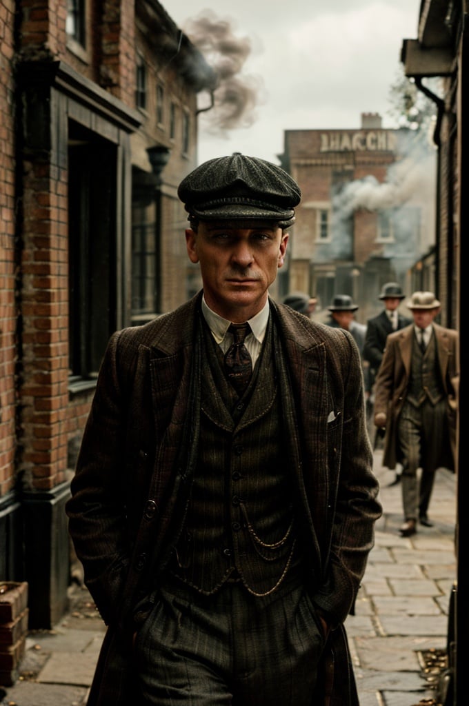 color photo of "Peaky Blinders"
A gritty portrait of the Shelby family, their faces masked by shadows, showcasing their sharp suits, flat caps, and fierce expressions. The scene is set in the dimly lit streets of Birmingham, with smoke billowing from factory chimneys and cobblestone roads. The atmosphere is tense, with a hint of danger lingering in the air. The camera captures the essence of the 1920s era, bringing to life the roaring spirit of the Peaky Blinders. The photo is captured with a vintage Leica M3 camera, using Kodak Portra 400 film to enhance the rich colors and tones. The lens used is a 50mm f/1.4, allowing for a shallow depth of field and dramatic focus on the characters. Directed by Martin Scorsese, cinematography by Roger Deakins, photography by Annie Leibovitz, and fashion design by Alexander McQueen