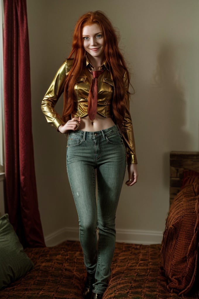 masterpiece, 8K, realistic, photo-realistic,1girl, (long shiny red hair:1.2), smile, green eyes, ginger, 20 yo, young, tie, bedroom,(jeans, suit:1), professional lighting, , sfw