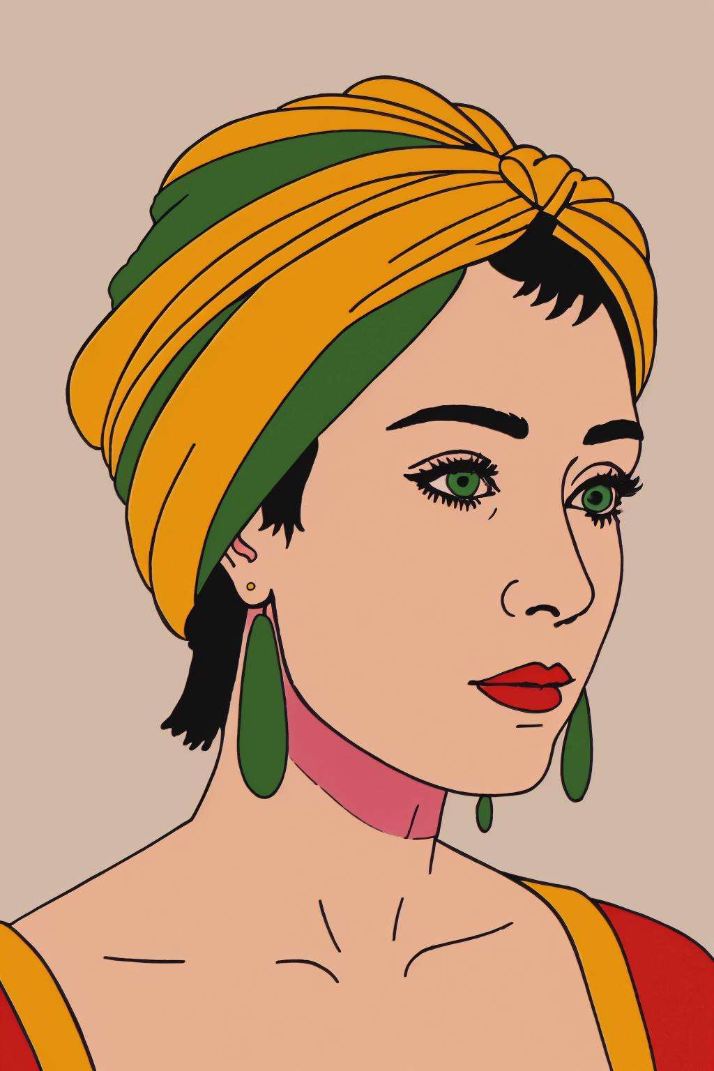 a woman wearing a turban and earrings, wake_up