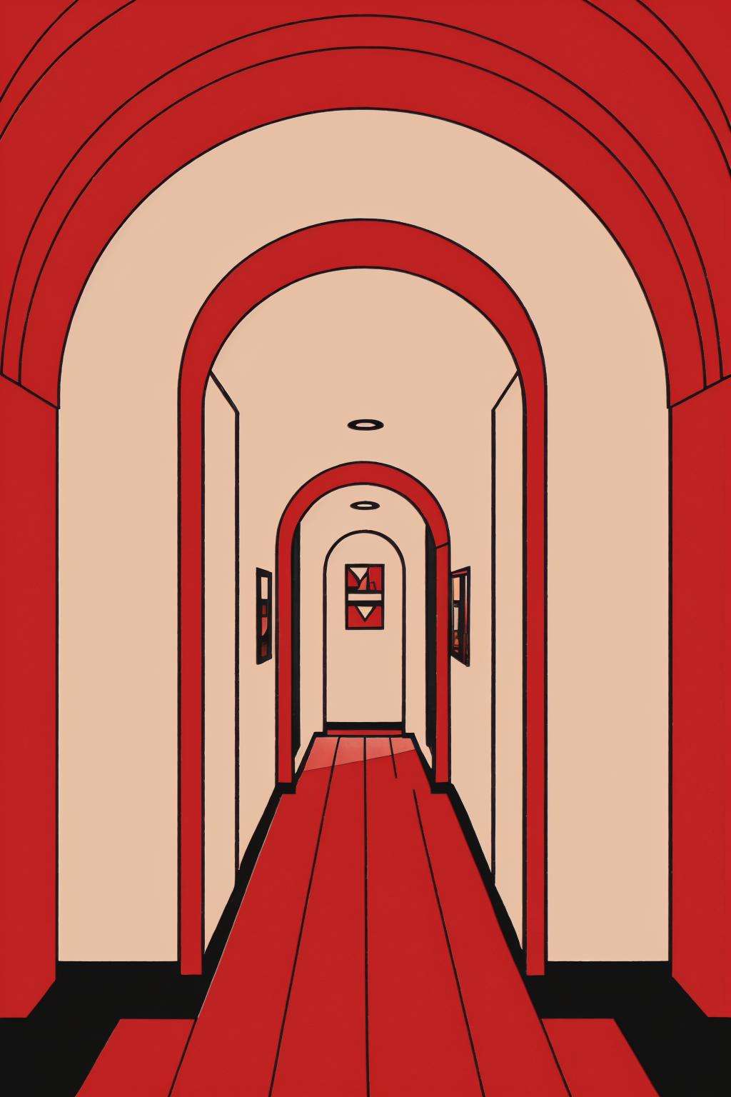 a red hallway with arched windows and a red floor , indoors, no humans, window, scenery, light particles, stairs, door, light, red theme, hallway,( wake_up )