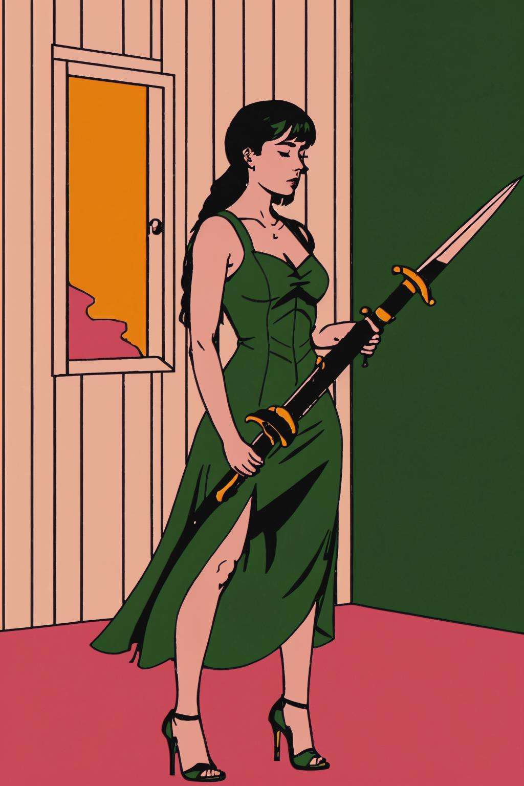 a woman in a dress holding a green sword , 1girl, solo, dress, closed eyes, indoors, high heels, instrument, realistic, chandelier,( wake_up )