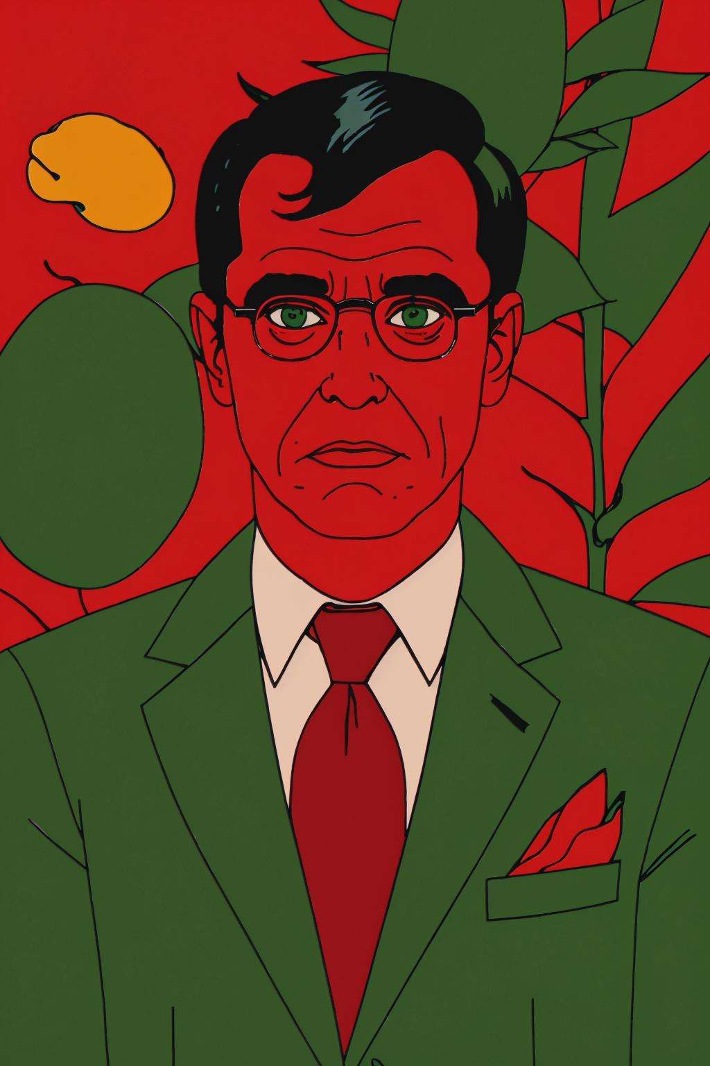 a man in a suit and tie standing in front of a plant with red leaves on it and a green background, Benjamin Marra, david rudnick, a pop art painting, les automatistes, wake_up