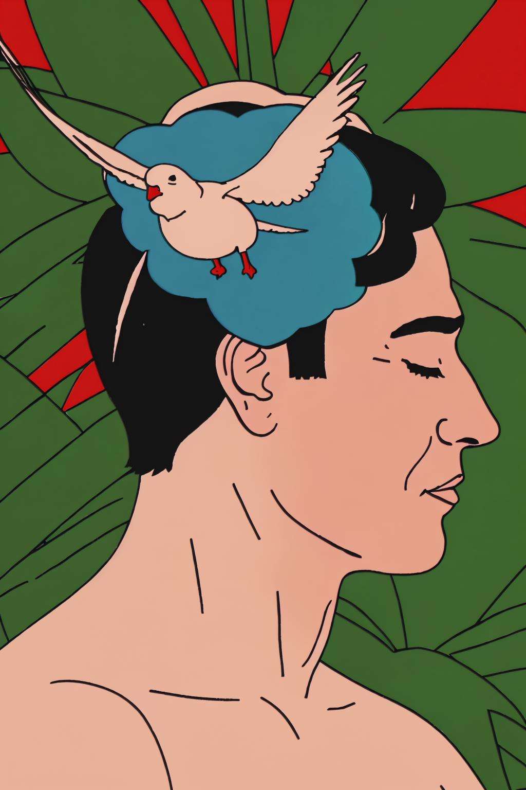 a painting of a man with a bird on his head , 1boy, closed eyes, male focus, bird, parody, flat color  ,   wake_up