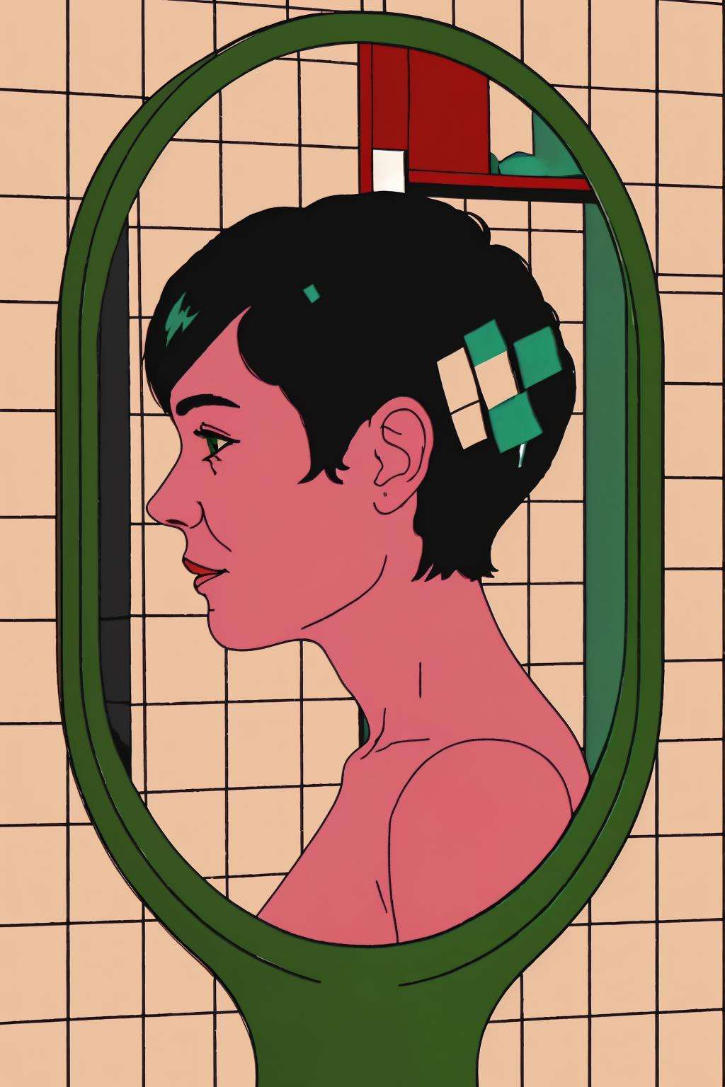 a woman is looking at herself in the mirror , 1girl, solo, smile, short hair, black hair, 1boy, holding, profile, shadow, reflection, mirror, flat color, tile wall, looking at mirror  ,   wake_up