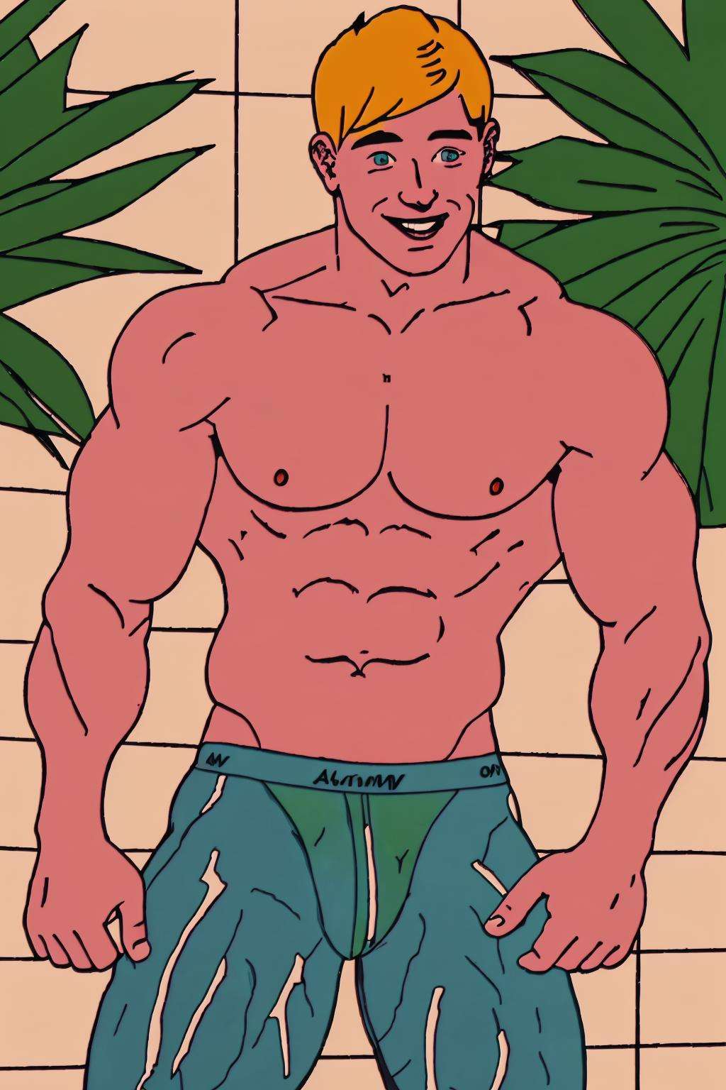 a cartoon man in a yellow swim suit , solo, looking at viewer, smile, short hair, open mouth, simple background, 1boy, underwear, nipples, male focus, orange hair, black eyes, muscular, blue background, abs, pectorals, muscular male, topless male, very short hair, male underwear , wake_up