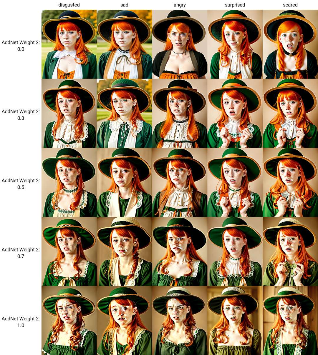 ( disgusted ) , a woman in a traditional irish dress and hat, she have a freckles and orange hair