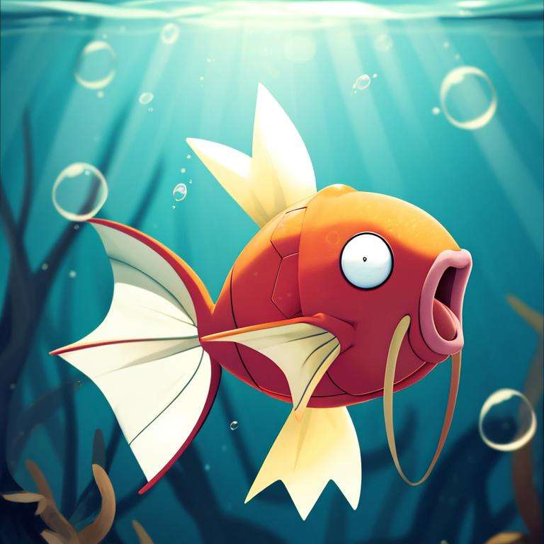 centered, award winning photo, (looking at viewer:1.2), | Magikarp_Pokemon,  fish, splash, pectoral fins, two whiskers,| underwater, bubbles, | bokeh, depth of field, cinematic composition, |<lora:Magikarp_Pokemon-15:0.7>