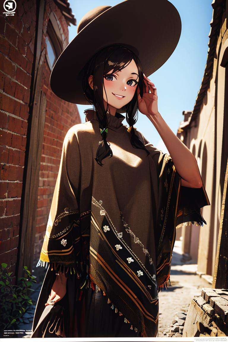 ((masterpiece,best quality)), absurdres,<lora:Poncho_v1:0.9>, Poncho, 1girl,solo, smiling, looking at viewer, cowboy shot,cinematic composition, dynamic pose,