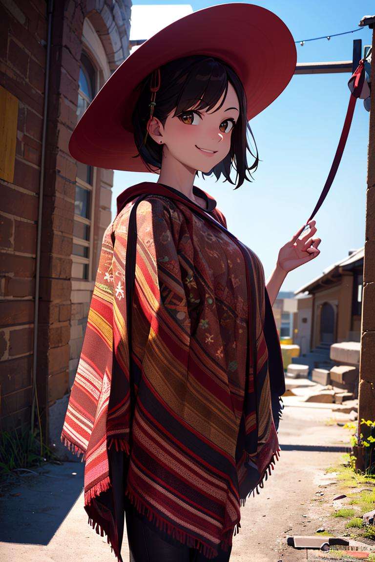 ((masterpiece,best quality)), absurdres,<lora:Poncho_v3:0.8>, Poncho, 1girl,solo, smiling, looking at viewer, cowboy shot,cinematic composition, dynamic pose,