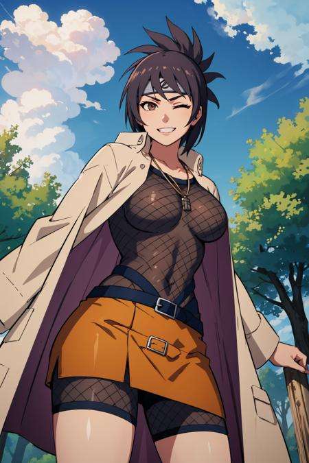 masterpiece, best quality, mitarashi anko, forehead protector, necklace, trenchcoat, mesh top, mesh shorts, orange skirt, cowboy shot, standing, from below, forest, sky, clouds, looking at viewer, one eye closed, smile, teeth <lora:anko-nvwls-v1-000009:0.9>