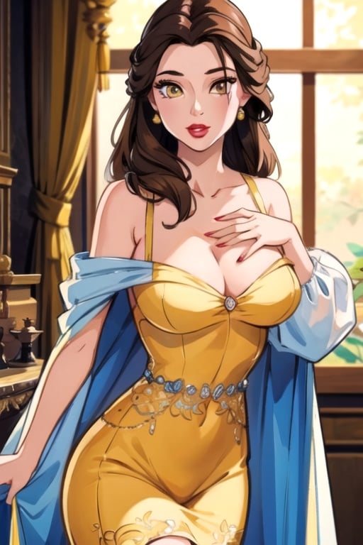 Belle, long light brown hair, beautiful yellow eyes, perfect breasts, sagging chest, lipstick, sexy dress, ultra-detailed art illustration, 