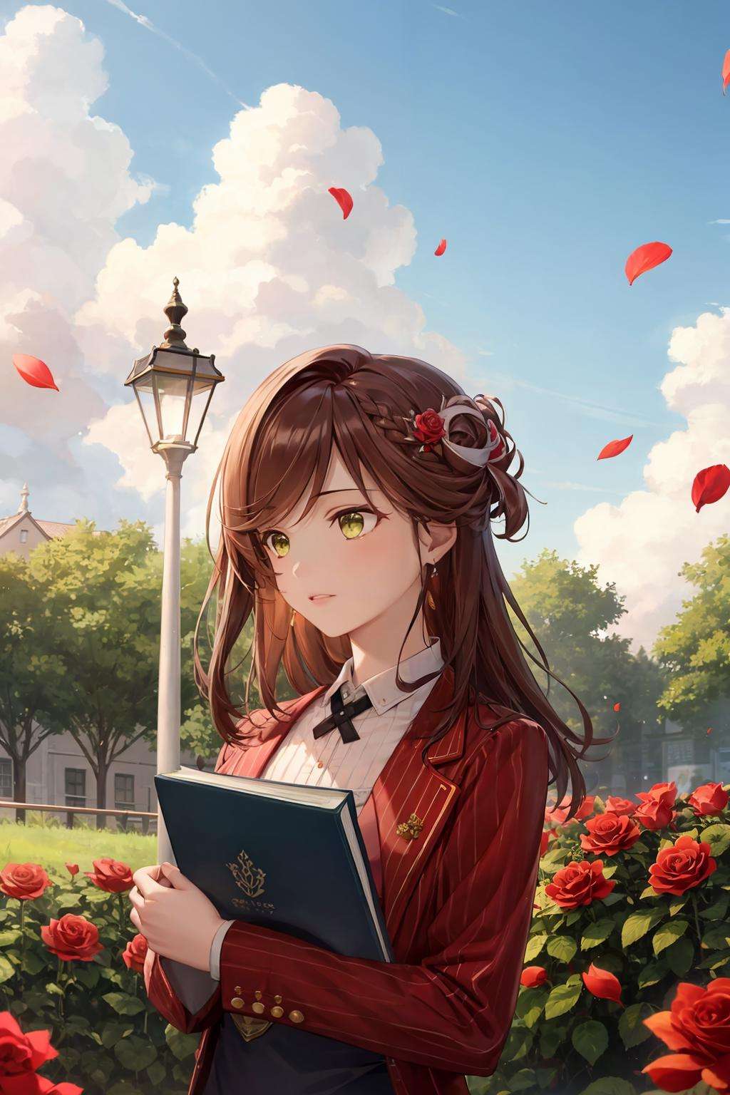masterpiece, best quality,  <lora:rose:1>,tot-rose, 1girl, sky, holding, cloud, rose, blue sky, flower, cloudy sky, red flower, solo, jacket, red rose, red jacket, shirt, white shirt, paper, long sleeves, outdoors, petals, book