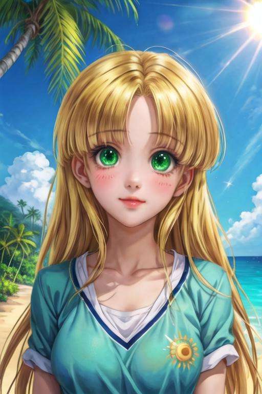 masterpiece, best quality, illustration, 1girl, solo, looking at viewer, upper body, , <lora:asia_argento:0.66>, asia_argento, blonde hair, green eyes, parted bangs, casual wear, , A tropical paradise where the sun shines brightly every day,