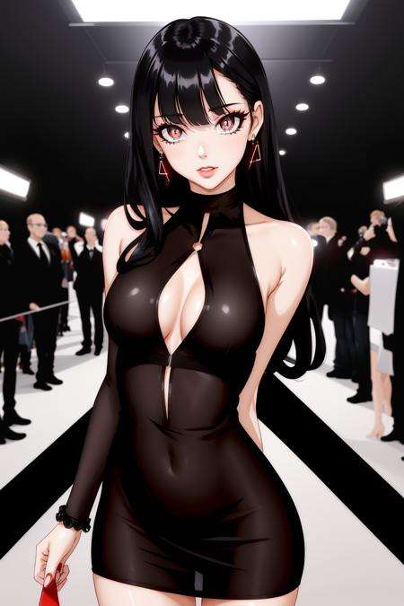 breasts, <lora:fcPerkyV3:1>, woman as a movie star, modelshoot style, (sexy sheer black bodycon dress:1.1),(looking at viewer), (detailed pupils:1.3), (modern outfit:1.2), red carpet, crowd