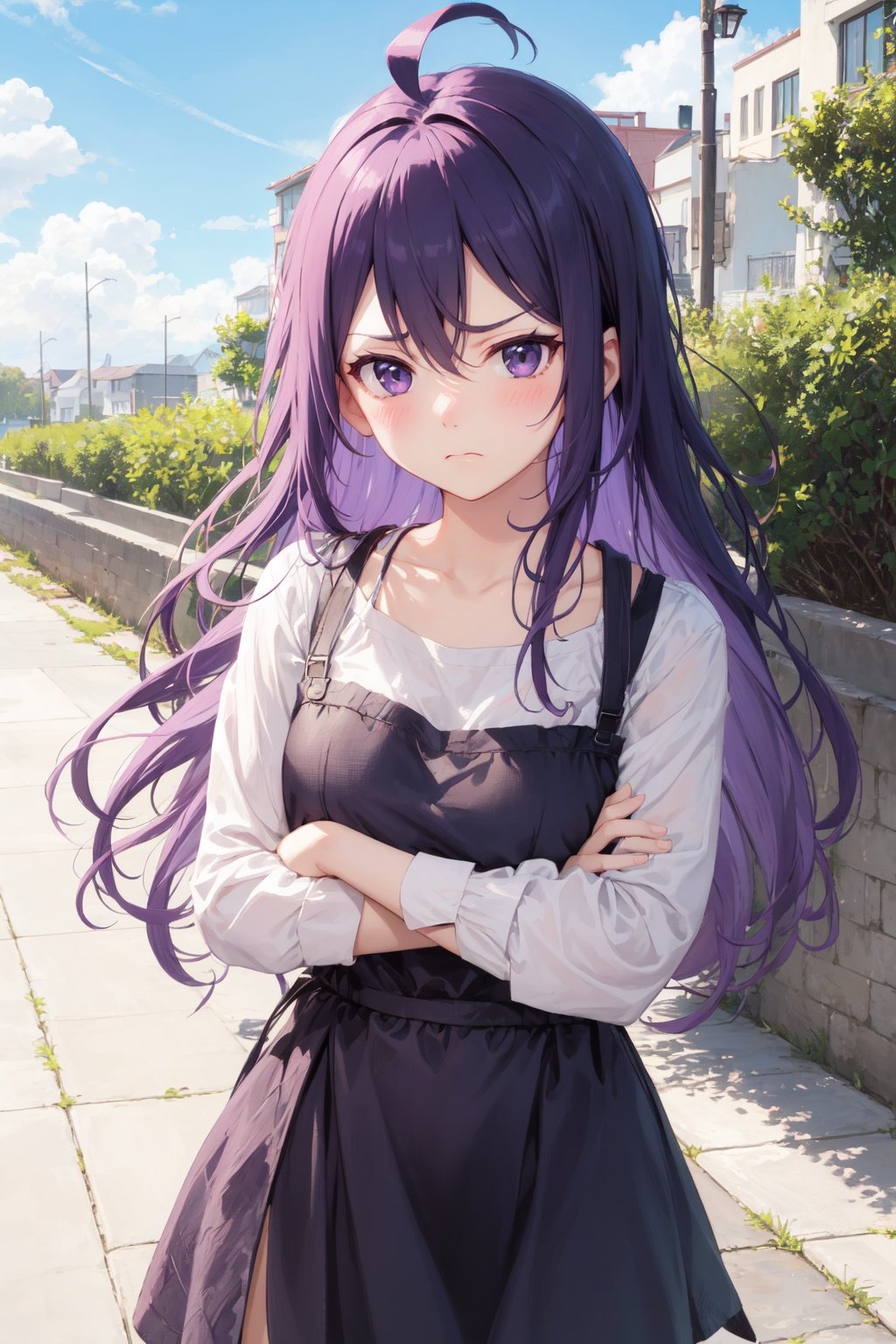 ahoge,long hair,purple hair,1girl,crossed arms,frown,blush,cute casual dress,blue sky,looking at viewer,surprised,close up, pov