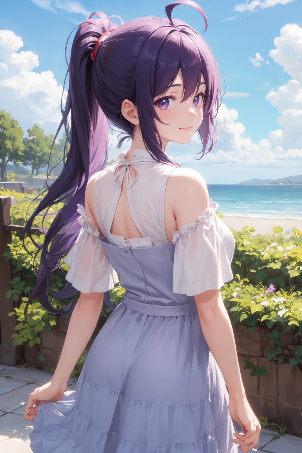 ponytail,nape,from behind,smile,ahoge,long hair,purple hair,1girl,cute casual dress,blue sky,looking at viewer