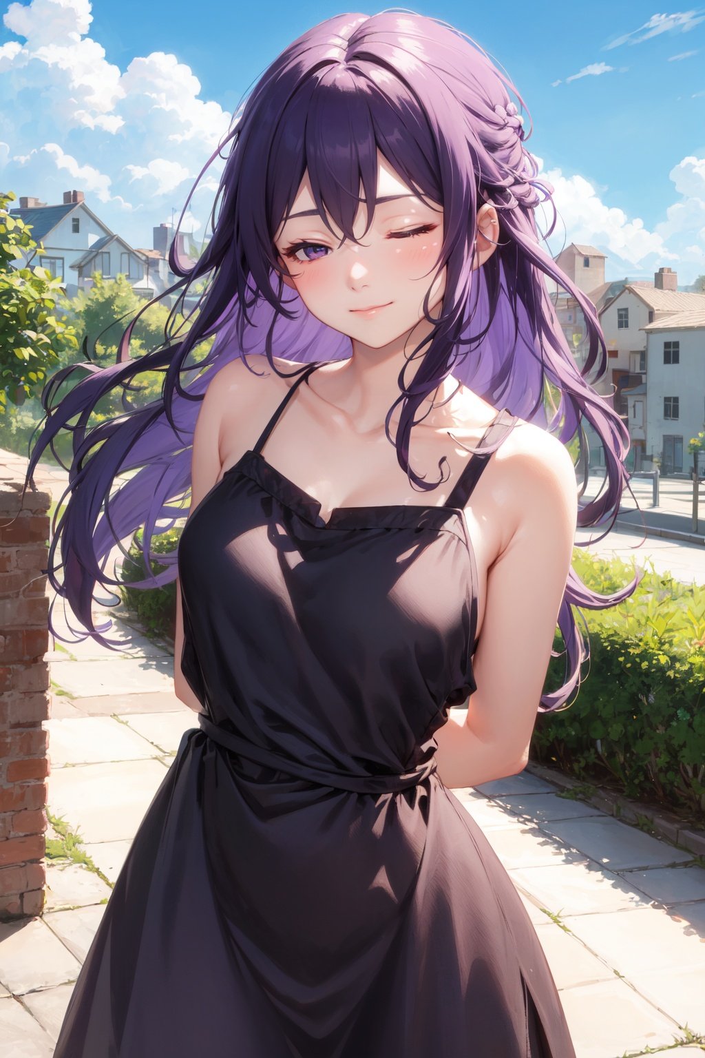 long hair,purple hair,1girl,ducking forward,cute casual dress,blue sky,looking at viewer,arms behind back,soft smile,one eye closed,close up, pov