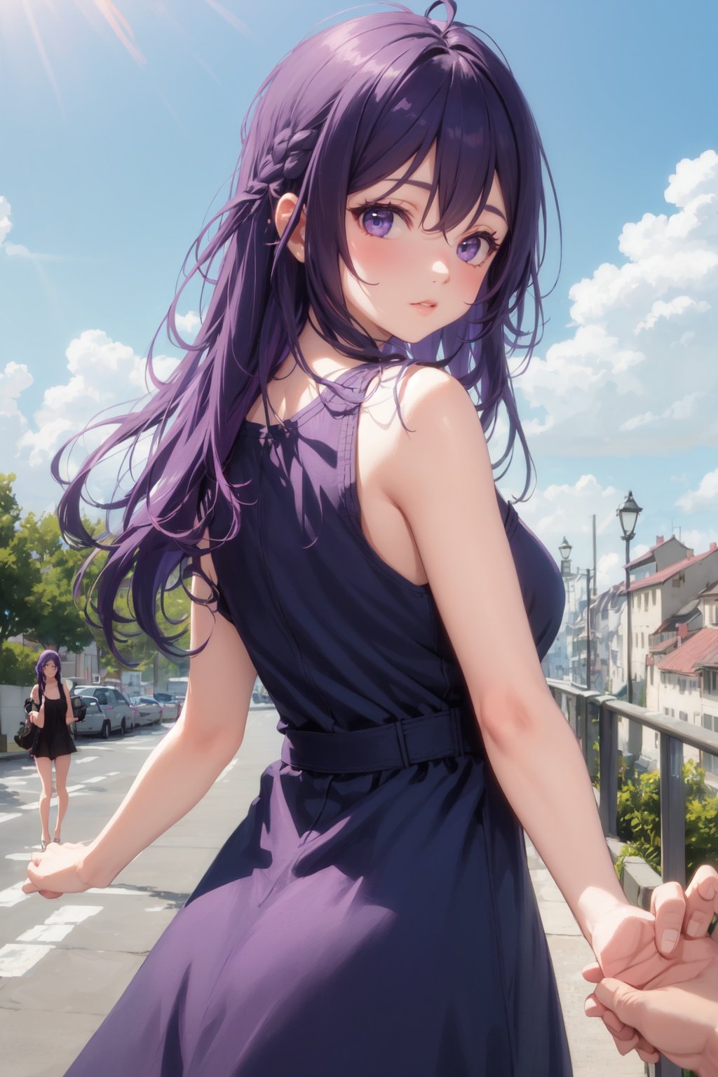 long hair,purple hair,1girl,ducking forward,cute casual dress,blue sky,looking at viewer,arms behind back,close up, pov, hand forward hug