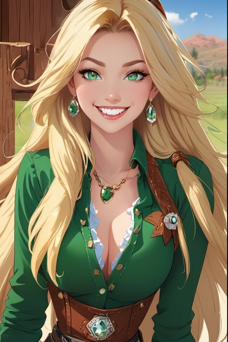 anitoon style, 1girl, solo, green eyes, long hair, blonde hair, smile, looking at viewer, earrings, breasts, jewelry, buttons, lips, skirt, teeth, cowboy shot