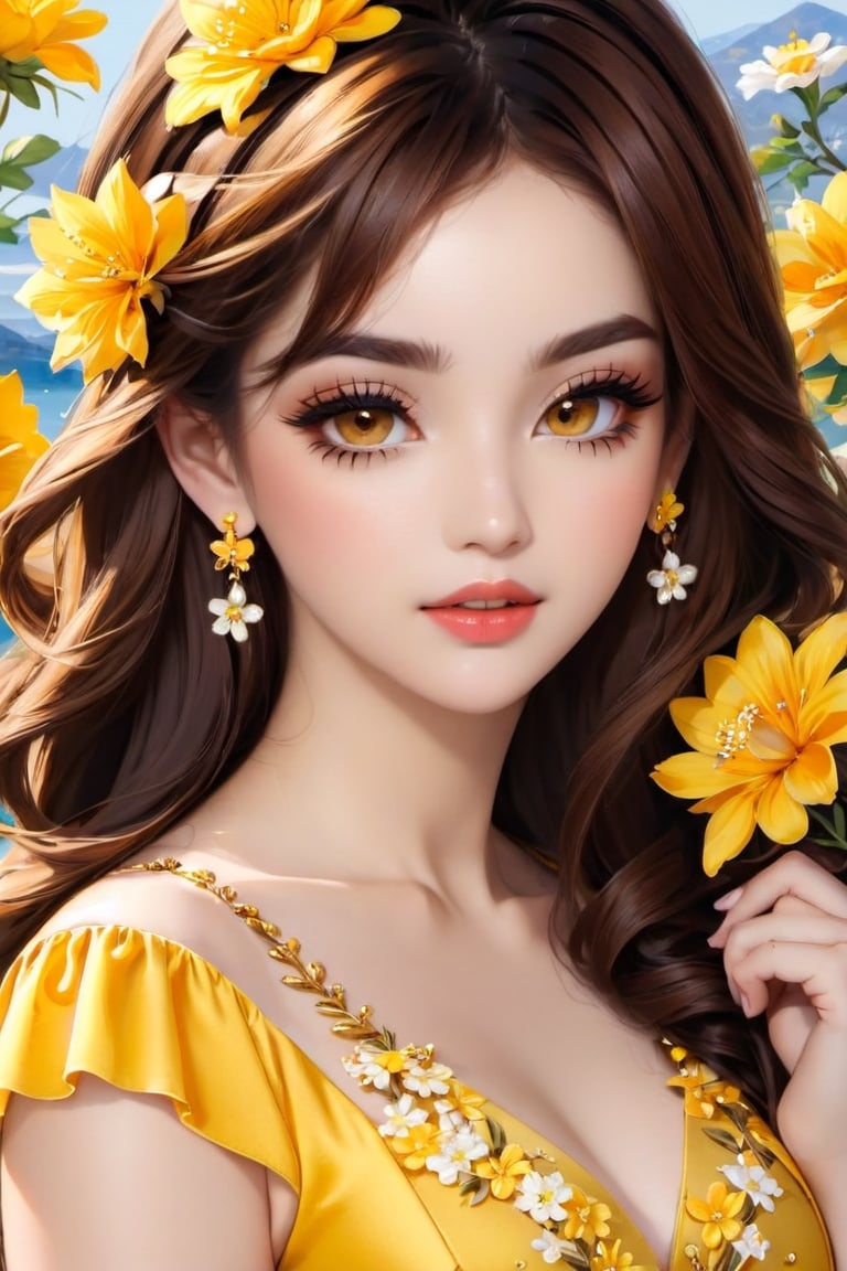 anitoon style, 1girl, solo, earrings, flower, hair ornament, jewelry, hair flower, long hair, lips, eyelashes, looking at viewer, brown eyes, flower earrings, brown hair, upper body, yellow dress