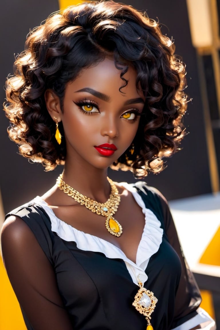 anitoon style, solo, dark skin, 1girl, yellow eyes, jewelry, black hair, necklace, short hair, dark-skinned female, makeup, shirt, lipstick, looking at viewer, curly hair, white shirt