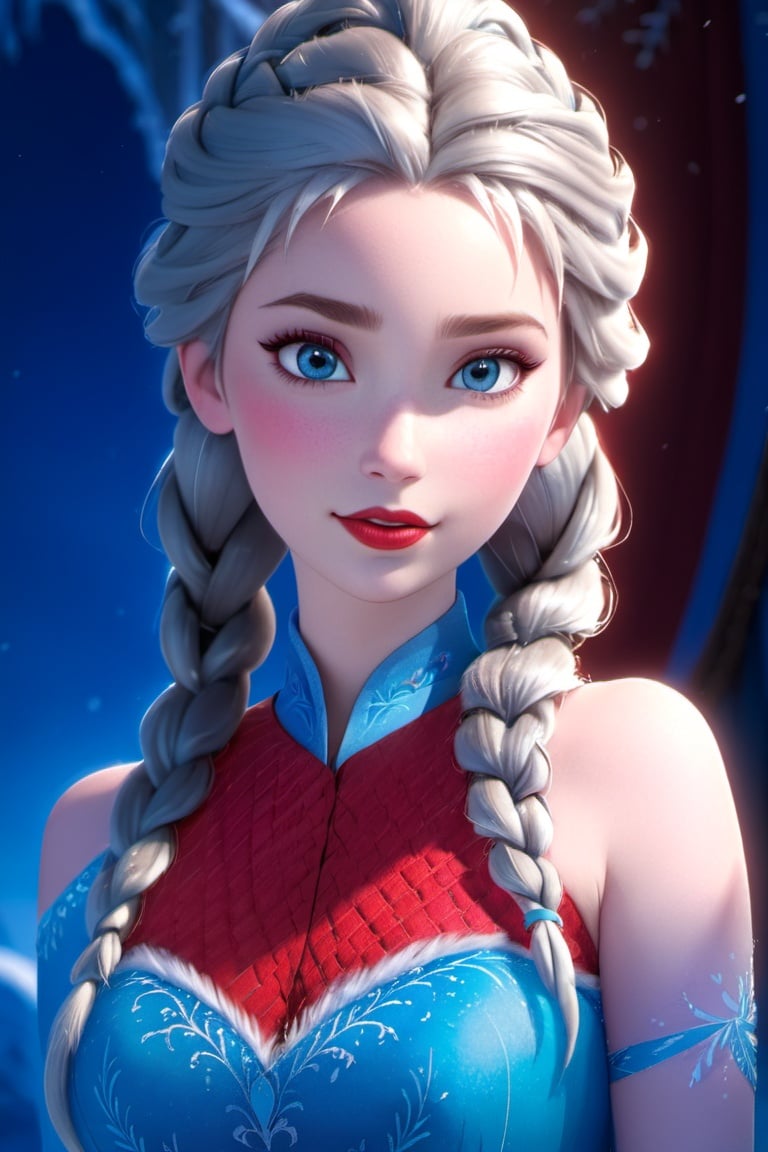 anitoon style, 1girl, solo, elsa (frozen), blue eyes, braid, twin braids, upper body, looking at viewer, dress, hair over shoulder, blue dress, white hair, makeup, lips, red lips