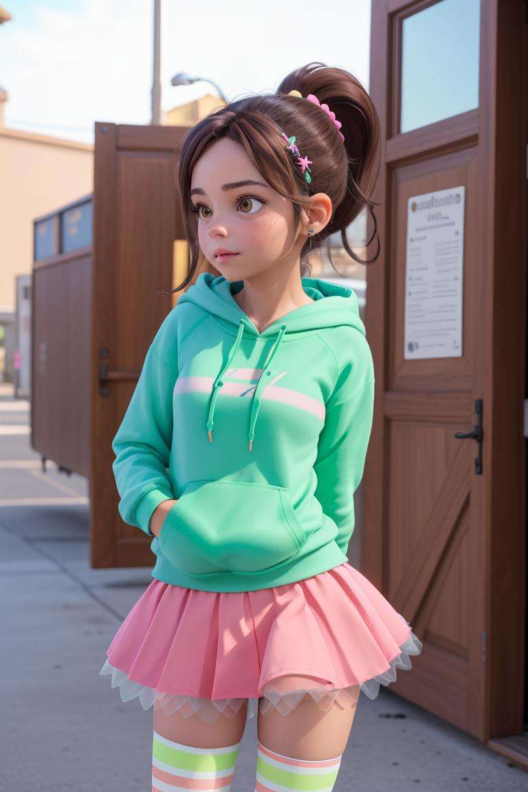 <lora:VRAMsVanellope:0.5>, xyzvanellope, 1girl, beautiful, brown hair, portrait, candy colors, pastel, solo, hair ornament, bow, hoodie, green hoodie, striped pantyhose, skirt, ponytail, neon