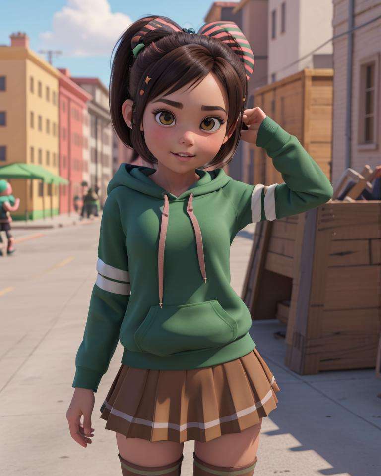 <lora:VRAMsVanellope:0.5>, xyzvanellope, 1girl, beautiful, brown hair, short, portrait, candy, solo, hair ornament, bow, chibi, hoodie, green hoodie, striped pantyhose, skirt, 3d, 3d render style