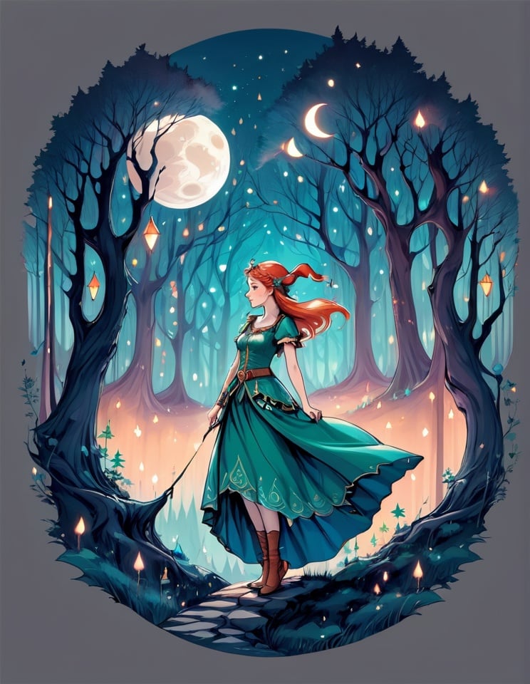 1girl, elf, princess dress, forest,night, moon simple background, solo, tattoo, tshirt design <lora:sdxl_TshirtDesign:0.8>