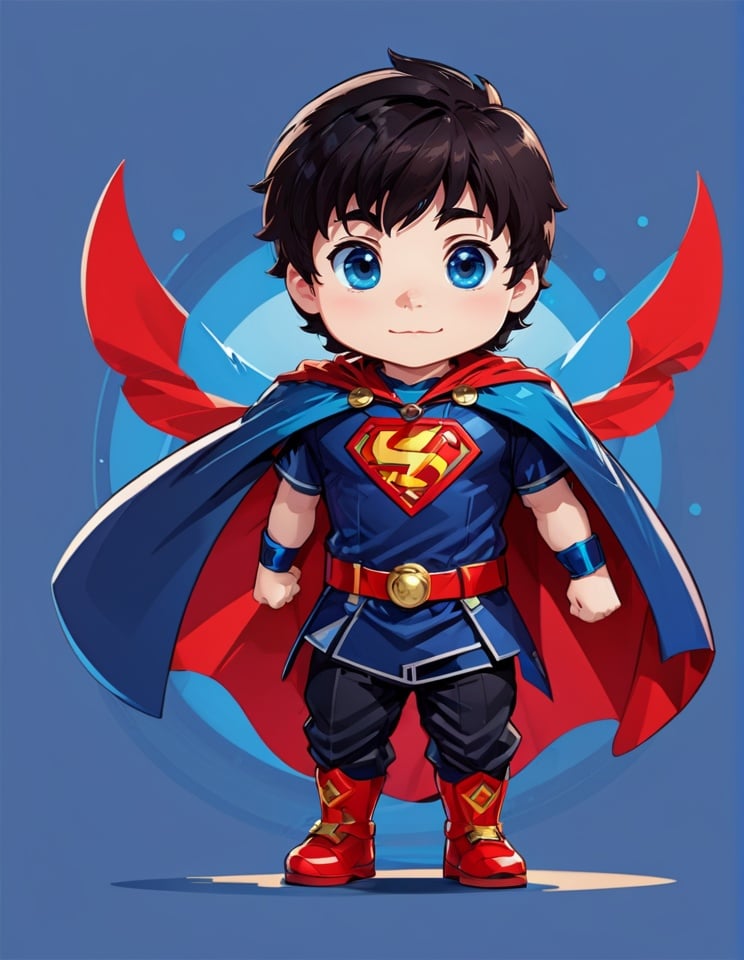 1boy, belt, black hair, blue eyes, cape, chibi, looking at viewer, male focus, red cape, short hair, simple background, smile, solo, superhero, tshirt design <lora:sdxl_TshirtDesign:1>