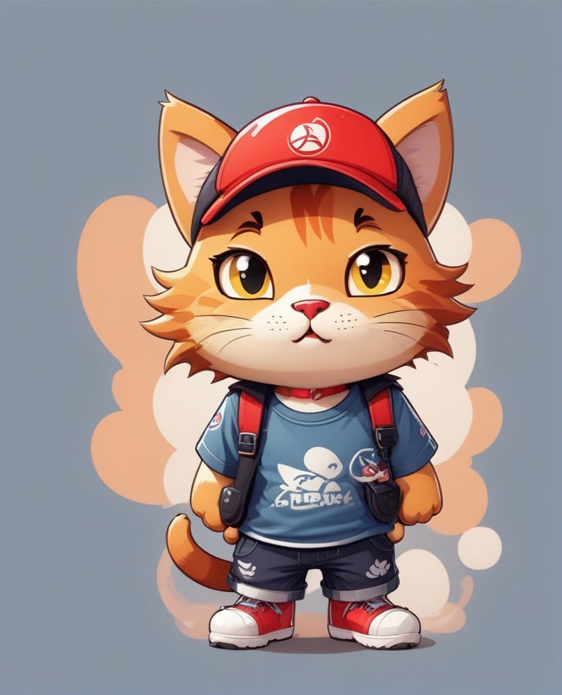 1boy, animal ears, backpack, bag, baseball cap, cat, furry, furry male, hat, looking at viewer, male focus, pants, shirt, shoes, short sleeves, simple background, solo, standing, tshirt design, whiskers<lora:sdxl_TshirtDesign:1>