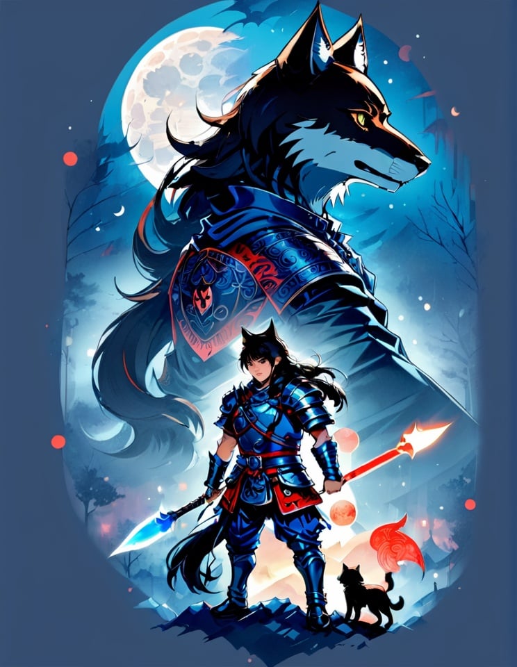 1boy, 1girl, armor, black hair, cat, fire, full moon, long hair, looking at viewer, moon, night, polearm, ponytail, simple background, solo, standing, tshirt design, weapon, wolf <lora:sdxl_TshirtDesign:1>