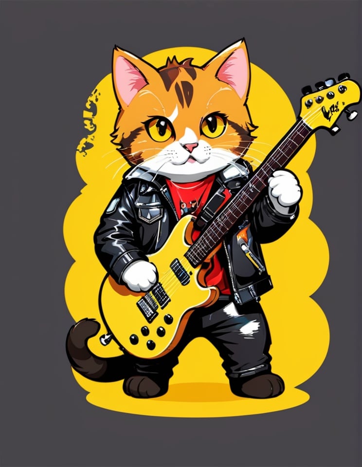 animal, cat, electric guitar, guitar, holding, holding instrument, instrument, jacket, leather, leather jacket, looking at viewer, music, no humans, playing instrument, simple background, solo, tshirt design, yellow eyes <lora:sdxl_TshirtDesign:0.8>