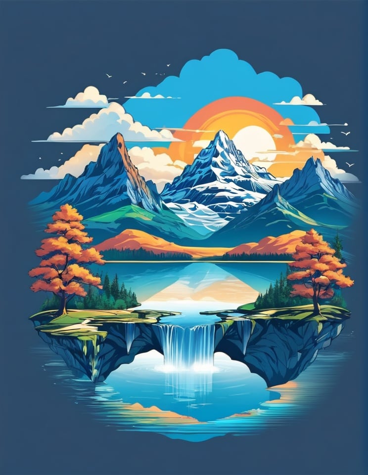 cloud, lake, mountain, nature, no humans, outdoors, river, scenery, simple background, sky, sun, tree, tshirt design, water, waterfall <lora:sdxl_TshirtDesign:0.8>
