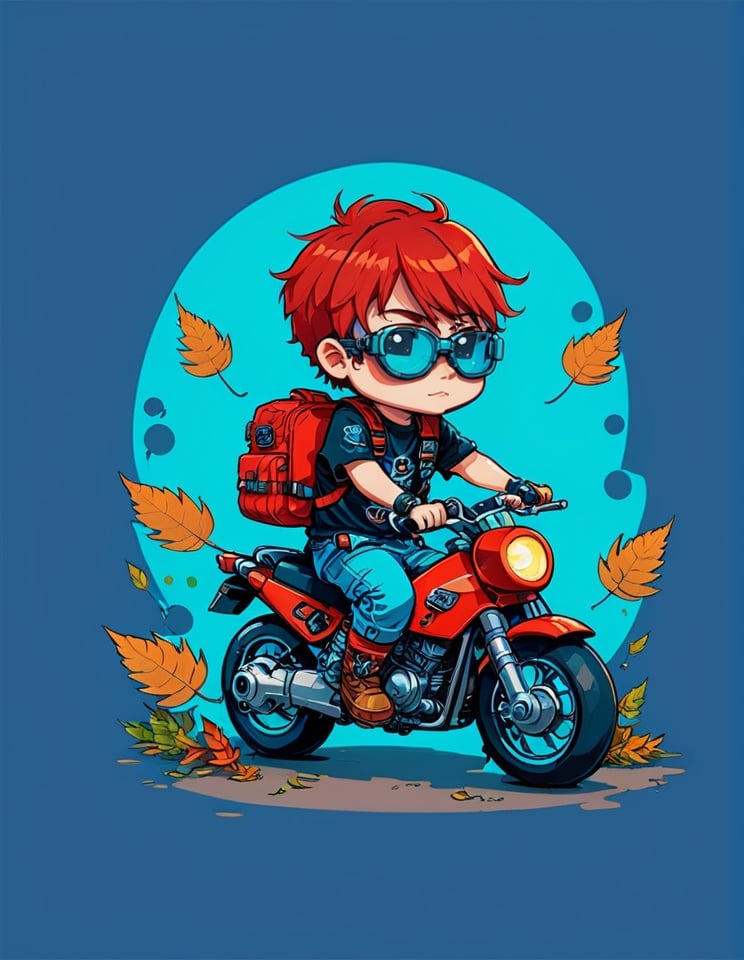 1boy, backpack, bag, blue background, boots, chibi, goggles, goggles on head, ground vehicle, leaf, male focus, motor vehicle, motorcycle, red hair, short hair, simple background, solo, tattoo, tshirt design <lora:sdxl_TshirtDesign:0.8>