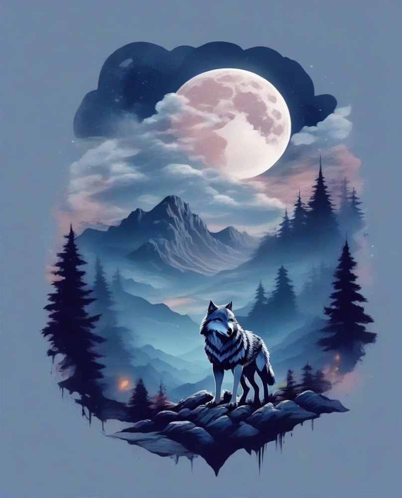 cloud, forest, full moon, moon, mountain, nature, night, no humans, outdoors, simple background, sky, tree, tshirt design, wolf <lora:sdxl_TshirtDesign:1>