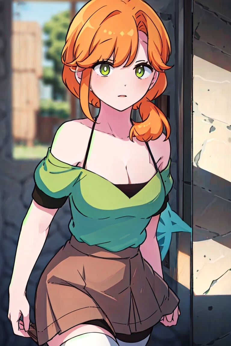 (masterpiece, best quality:1.2),illustration,8k,hd,1girl,solo,full body,long_hair,breasts,bangs,shirt,skirt,short_sleeves,cleavage,bare_shoulders,green_eyes,collarbone,off_shoulder,orange_hair,green_shirt,off-shoulder_shirt,brown_skirt,white_pupils,low_ponytail,hair_over shoulder,white thighhighs,brown footwear,  