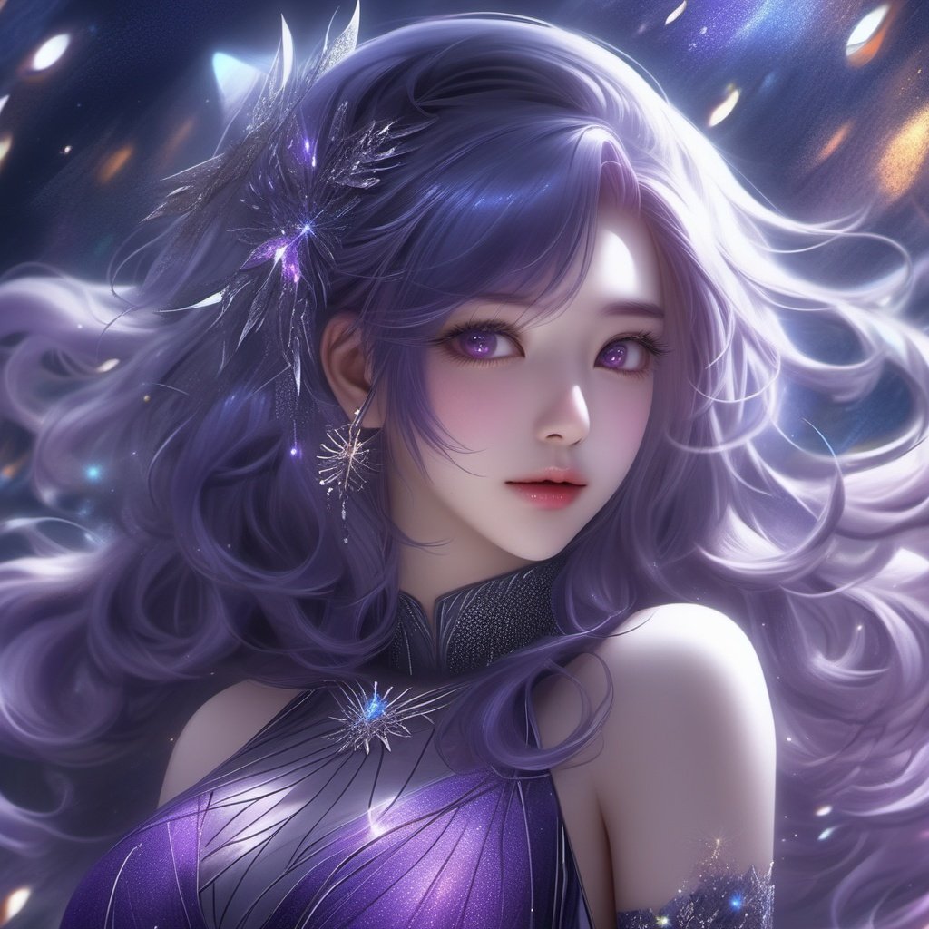 ((masterpiece:1.4)), ((best quality:1.4)), ((ultra_highres)), 8k, 1girl, purple_hair, glitters, super HD, dark, upper_body, purple dress, ultra_detailed, pixiv, trending on danbooru, ((anime style)), niji-5