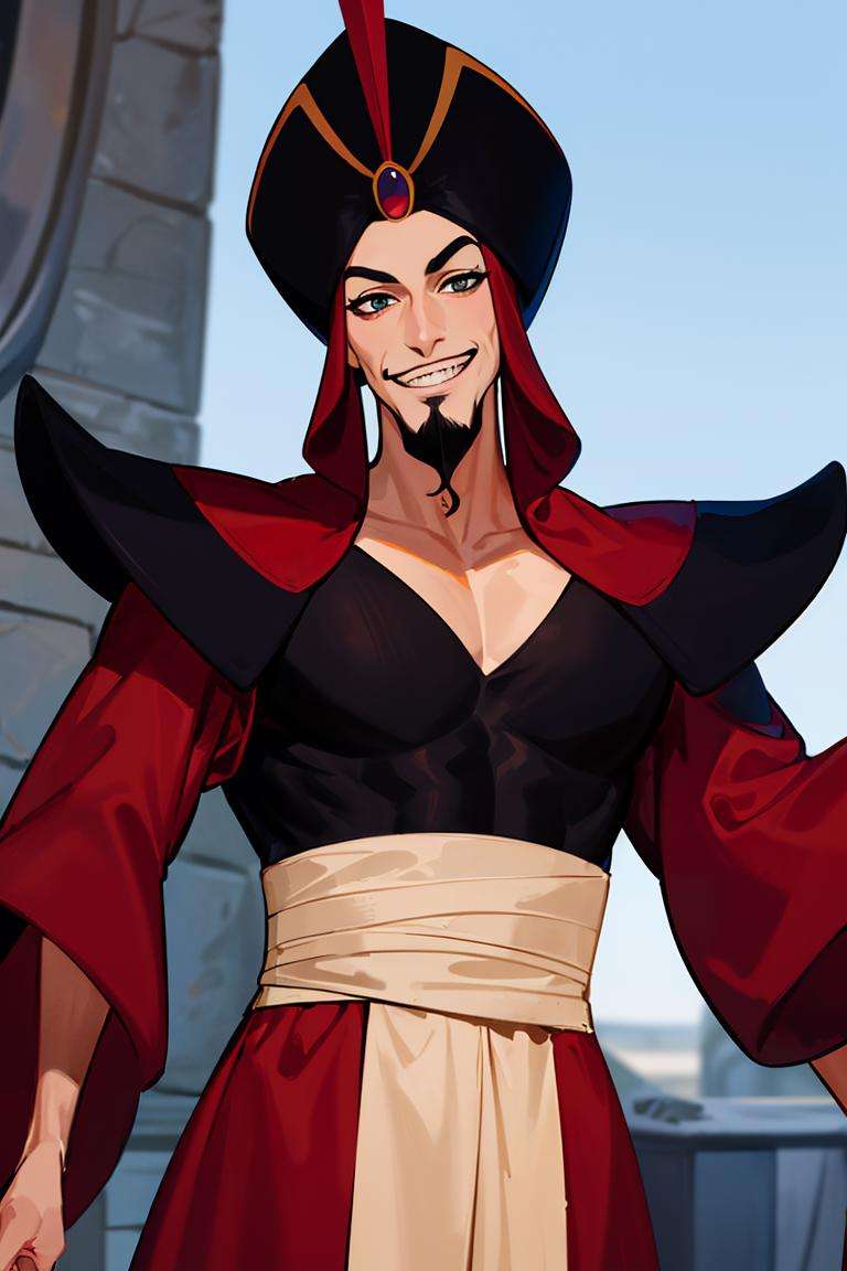 ((masterpiece,best quality)), absurdres, <lora:Jafar_Disney:0.6>, Jafar_Disney, solo, 1boy, smug, smiling, looking at viewer, cowboy shot, cinematic composition, dynamic pose