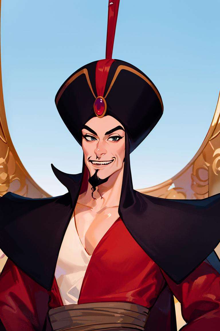 ((masterpiece,best quality)), absurdres, <lora:Jafar_Disney:0.7>, Jafar_Disney, solo, 1boy, smug, smiling, looking at viewer, cowboy shot, cinematic composition, dynamic pose