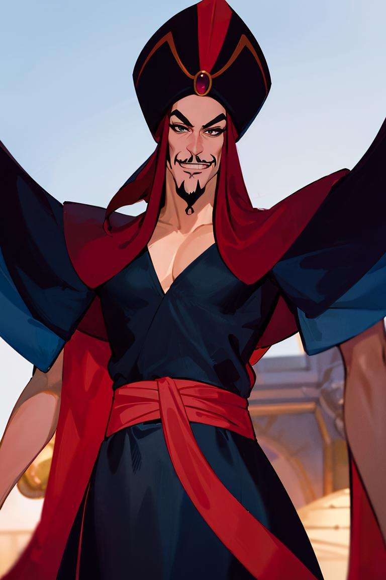 ((masterpiece,best quality)), absurdres, <lora:Jafar_Disney:0.7>, Jafar_Disney, solo, 1boy, smug, smiling, looking at viewer, cowboy shot, cinematic composition, dynamic pose