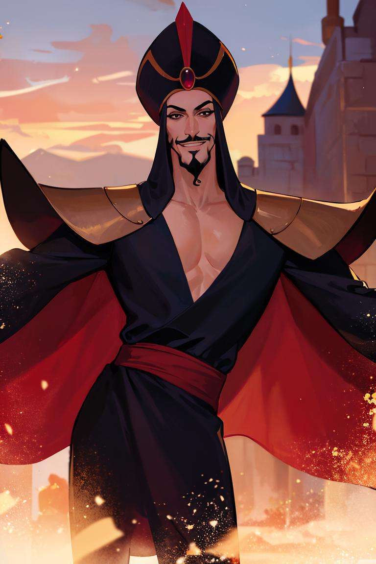 ((masterpiece,best quality)), absurdres, <lora:Jafar_Disney:0.6>, Jafar_Disney, solo, 1boy, smug, smiling, looking at viewer, cowboy shot, cinematic composition, dynamic pose