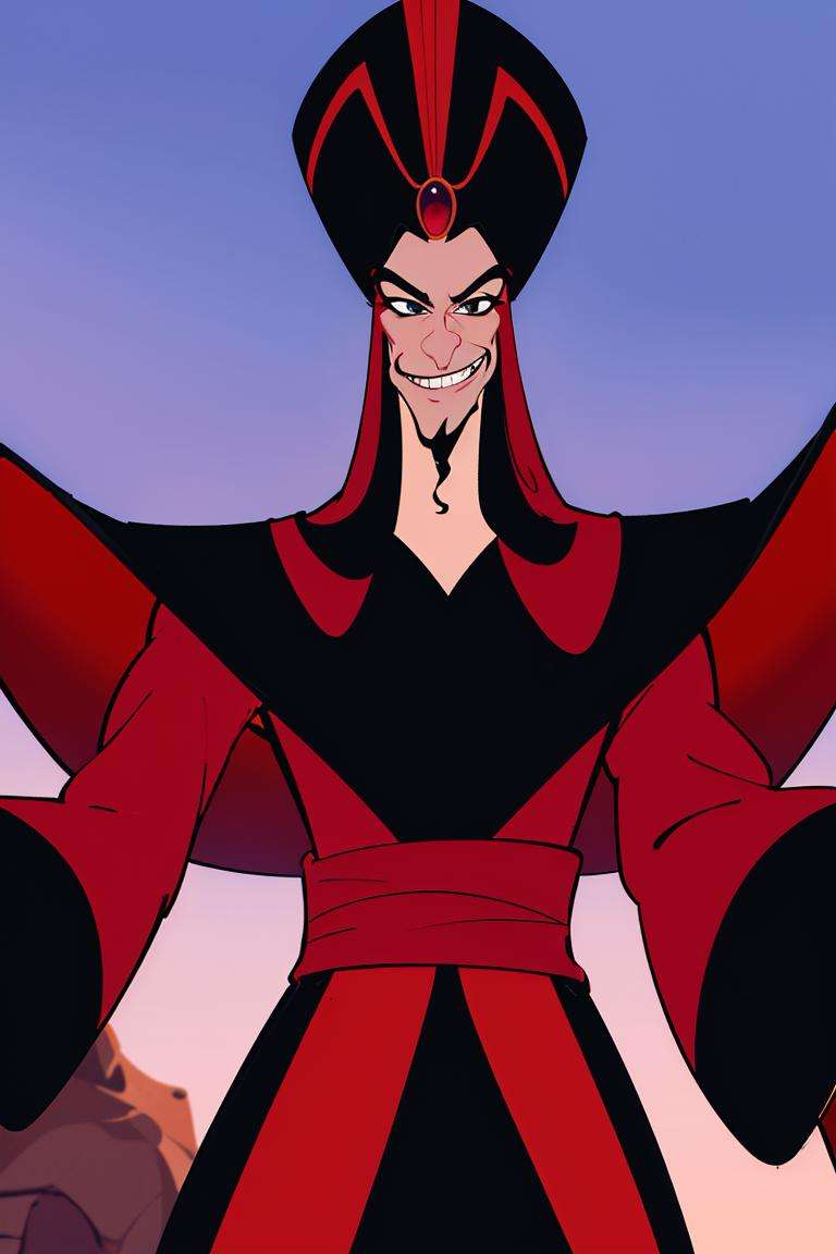 ((masterpiece,best quality)), absurdres, <lora:Jafar_Disney:0.7>, Jafar_Disney, solo, 1boy, smug, smiling, looking at viewer, cowboy shot, cinematic composition, dynamic pose