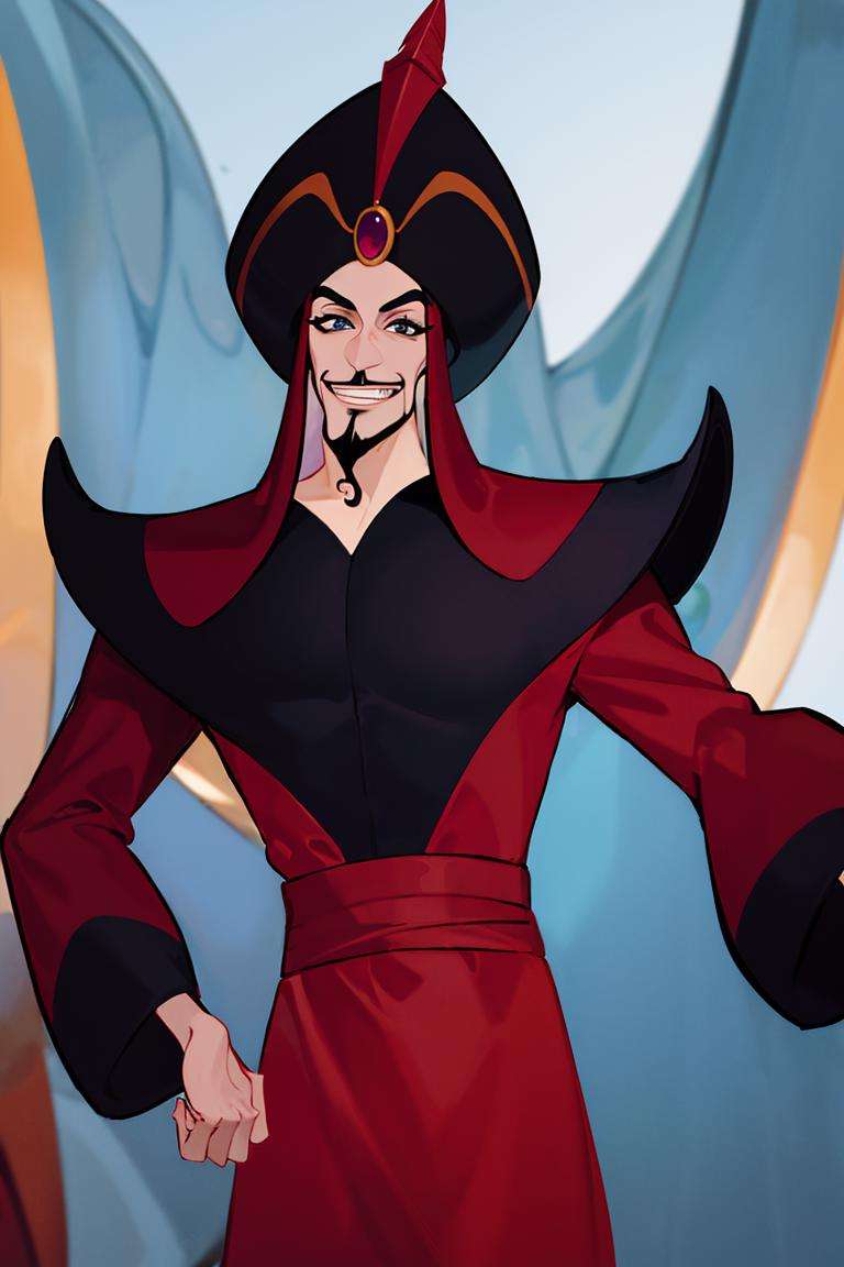 ((masterpiece,best quality)), absurdres, <lora:Jafar_Disney:0.7>, Jafar_Disney, solo, 1boy, smug, smiling, looking at viewer, cowboy shot, cinematic composition, dynamic pose