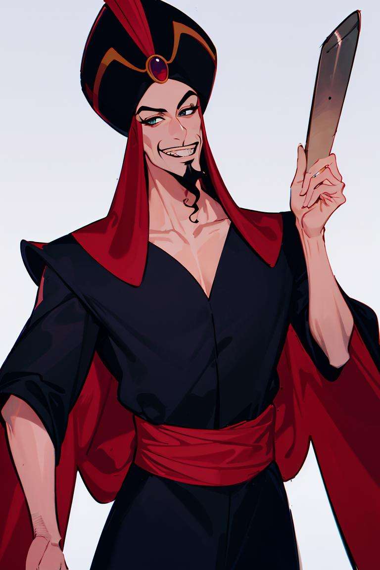 ((masterpiece,best quality)), absurdres, <lora:Jafar_Disney:0.7>, Jafar_Disney, solo, 1boy, smug, smiling, looking at viewer, cowboy shot, cinematic composition, dynamic pose