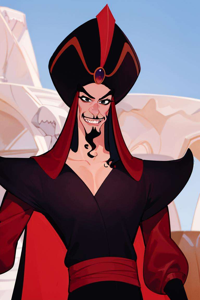 ((masterpiece,best quality)), absurdres, <lora:Jafar_Disney:0.8>, Jafar_Disney, solo, 1boy, smug, smiling, looking at viewer, cowboy shot, cinematic composition, dynamic pose