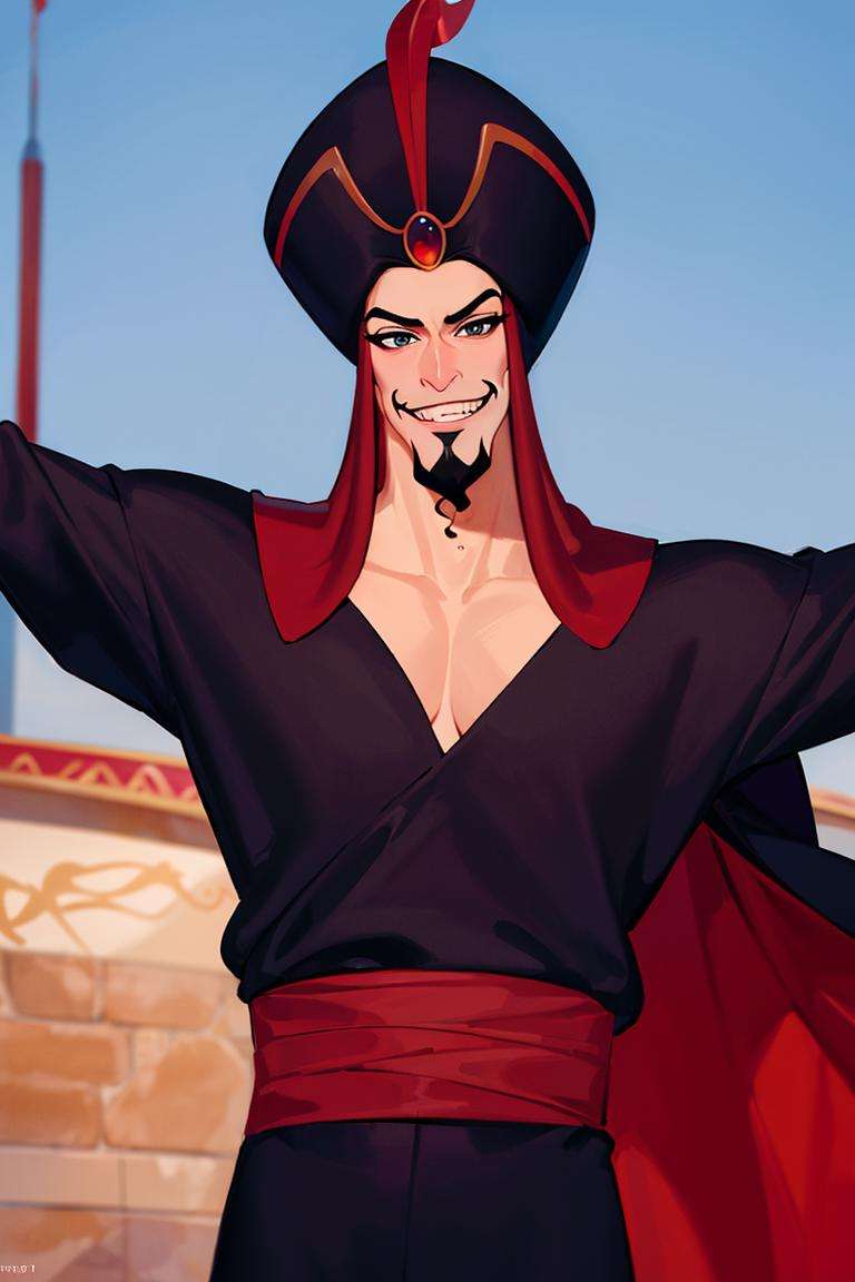 ((masterpiece,best quality)), absurdres, <lora:Jafar_Disney:0.7>, Jafar_Disney, solo, 1boy, smug, smiling, looking at viewer, cowboy shot, cinematic composition, dynamic pose