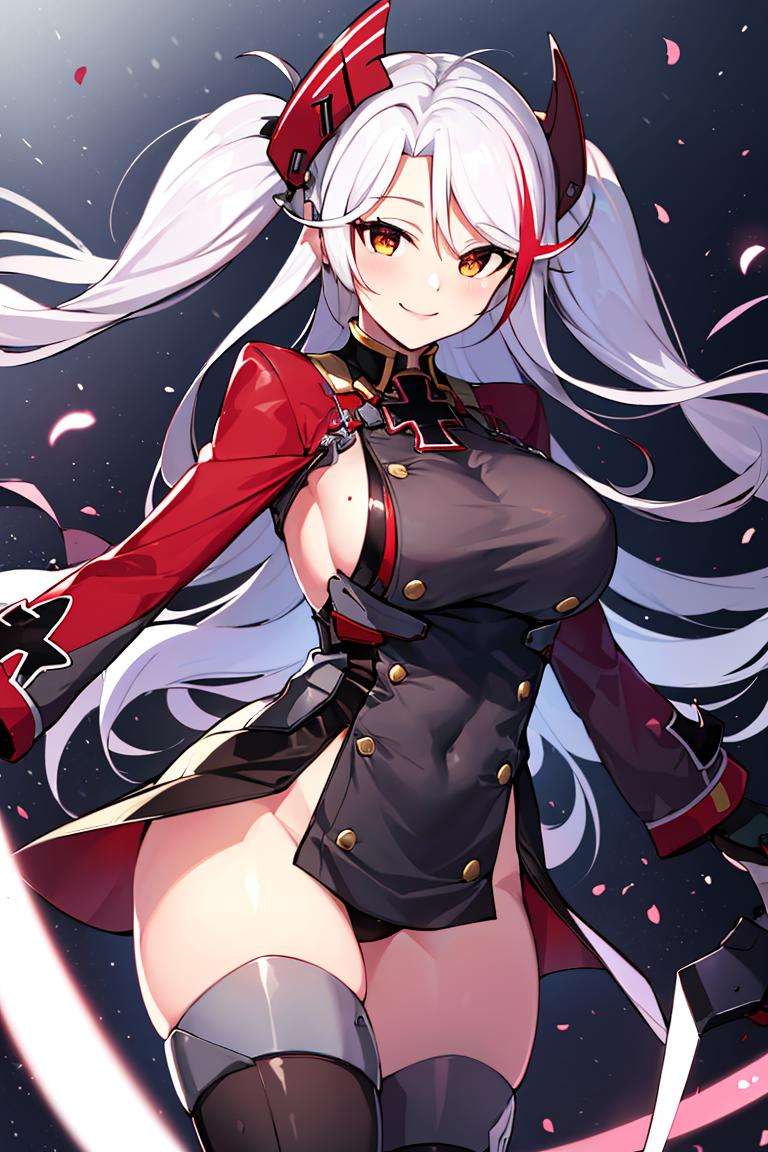 ((masterpiece,best quality)), absurdres, <lora:Prinz_Eugen_Azur_Lane:0.7>, Prinz_Eugen_Azur_Lane,thighhighs, , solo, smiling, looking at viewer, cowboy shot, cinematic composition, dynamic pose