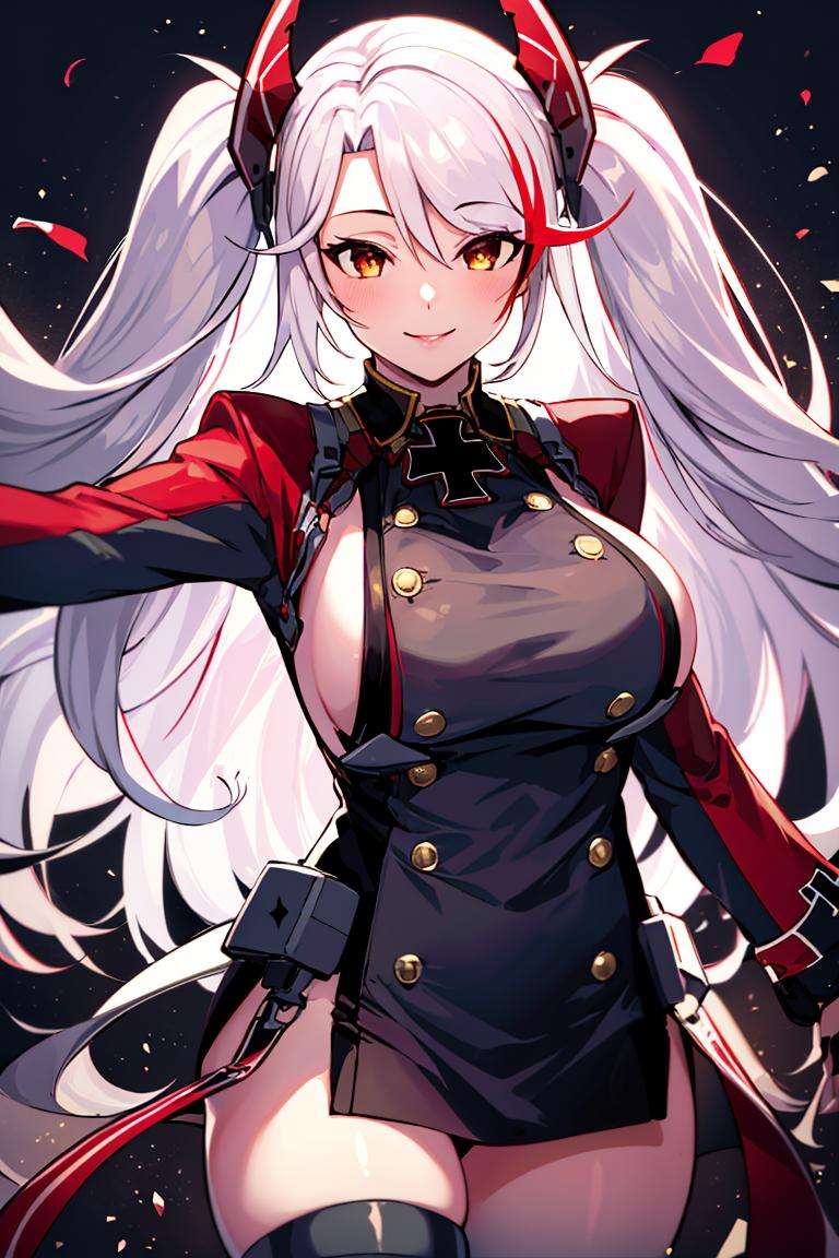 ((masterpiece,best quality)), absurdres, <lora:Prinz_Eugen_Azur_Lane:0.8>, Prinz_Eugen_Azur_Lane,thighhighs, , solo, smiling, looking at viewer, cowboy shot, cinematic composition, dynamic pose