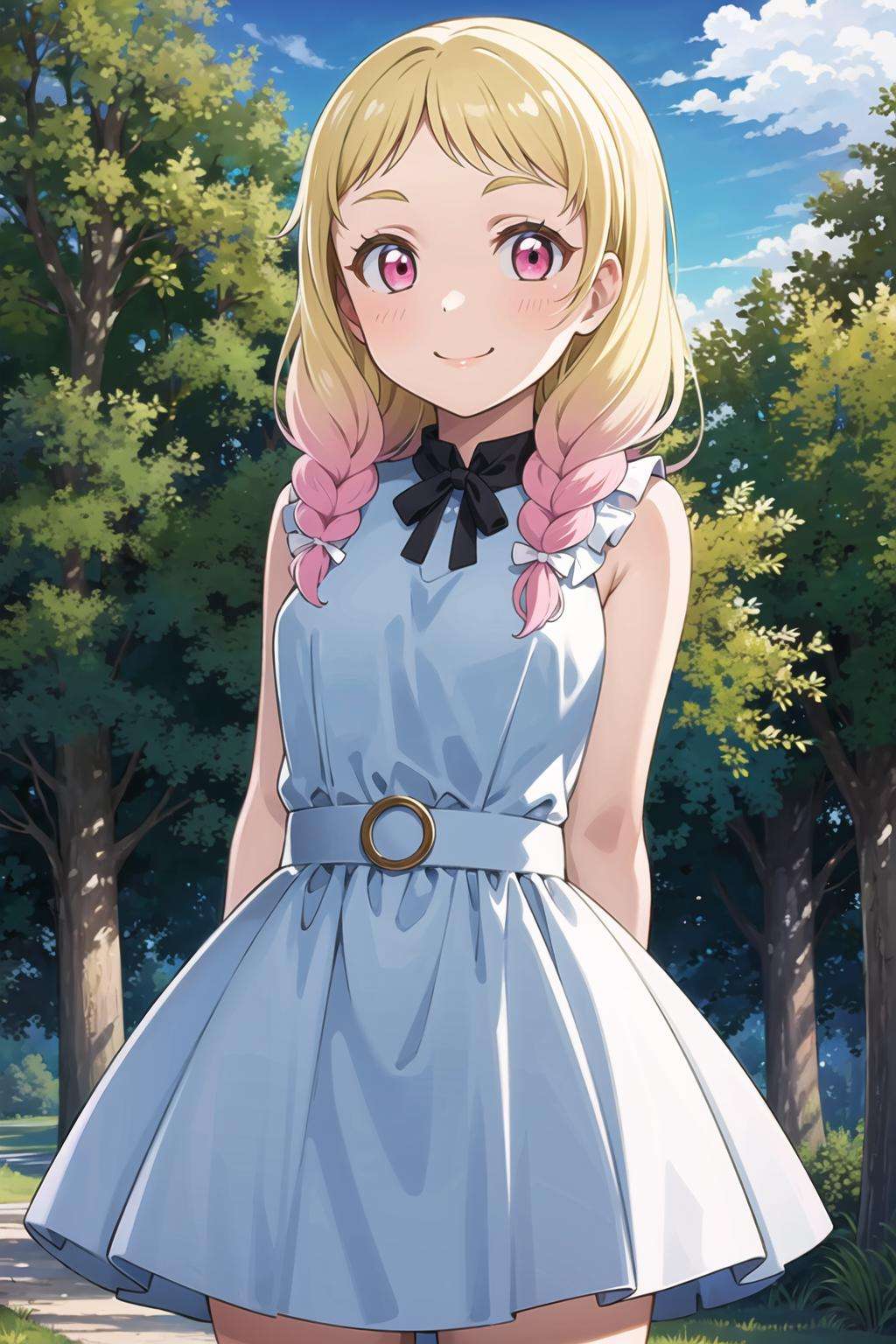 (masterpiece, best quality, ultra-detailed), (illustration), (beautiful detailed eyes), (1girl), (solo),  onitsuka natsumi, blonde hair, pink eyes, gradient hair,  <lora:OnitsukaLL_v2:0.6>,outdoors, dress, arms behind back, smile, cowboy shot, 